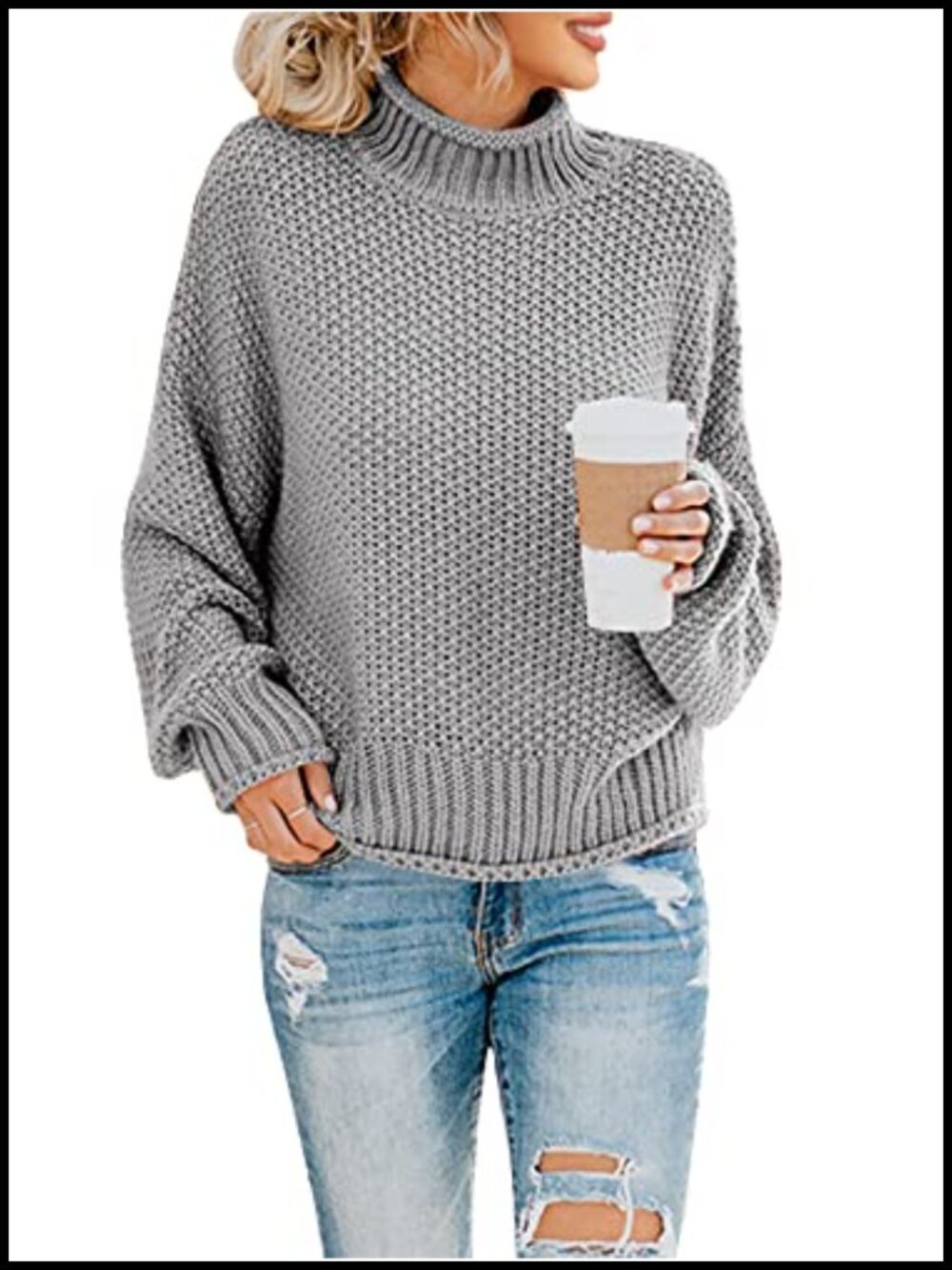 Oversized Turtleneck Sweater Chunky Knit Batwing Long Sleeve Pullover